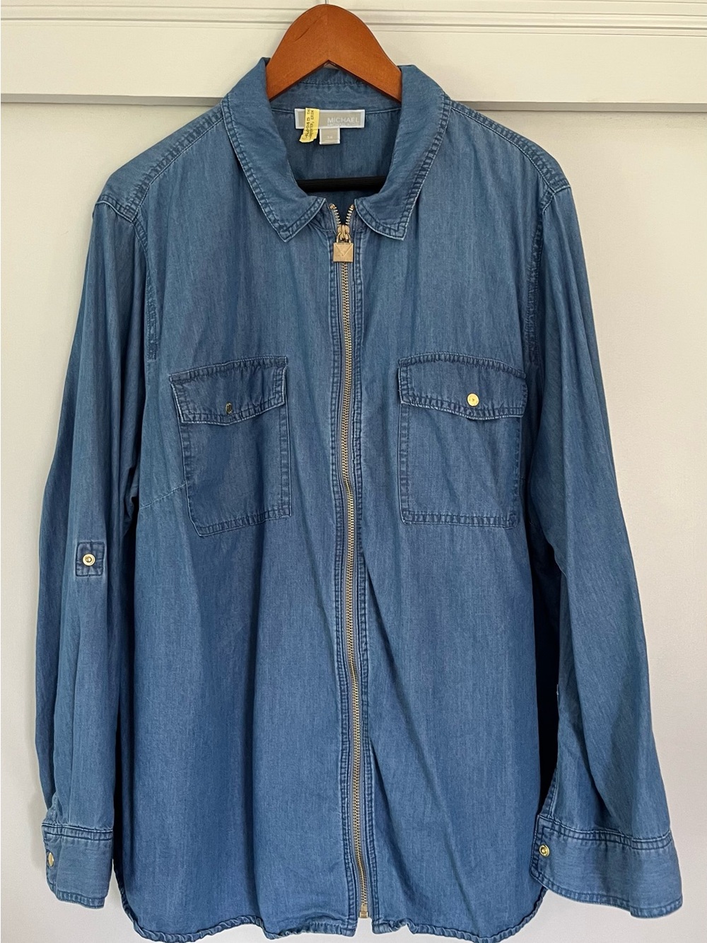 MICHAEL Michael Kors Blue Chambray Zip Front Shirt 3X Plus Size